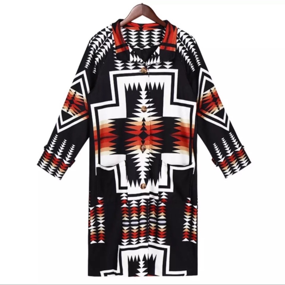 Native Boho Tribal Aztec Luxe Blanket Trench Coat - Picture 3 of 6